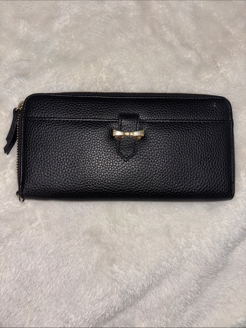 Anne Klein Black Pebbled Leather Zip Wallet with Gold Accent